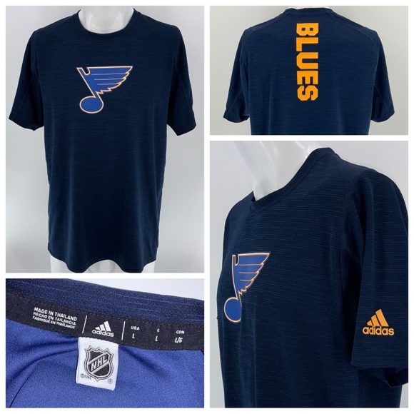 St. Louis Blues Adidas Athletic T-Shirt L Men Navy Blue Stripe Poly YGI Y3-97 - Picture 1 of 13